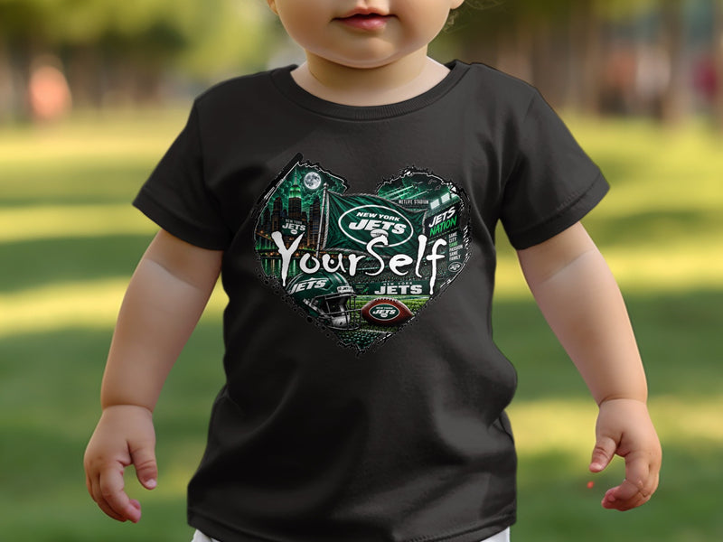 Load image into Gallery viewer, Toddler wearing black t-shirt with New York Jets heart graphic and "YourSelf" text.
