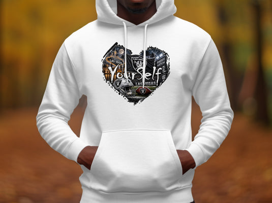 White hoodie with a heart-shaped graphic featuring Las Vegas and Raiders imagery.