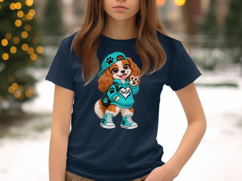 Load image into Gallery viewer, Dog in blue hoodie and sneakers with "YourSelf" heart design.

