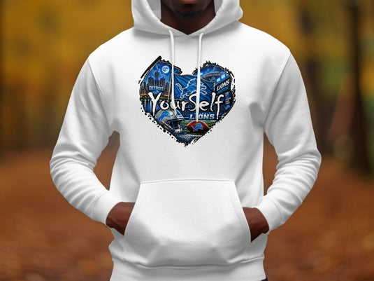 Detroit Lions heart graphic with skyline, helmet, football, and text "YourSelf".