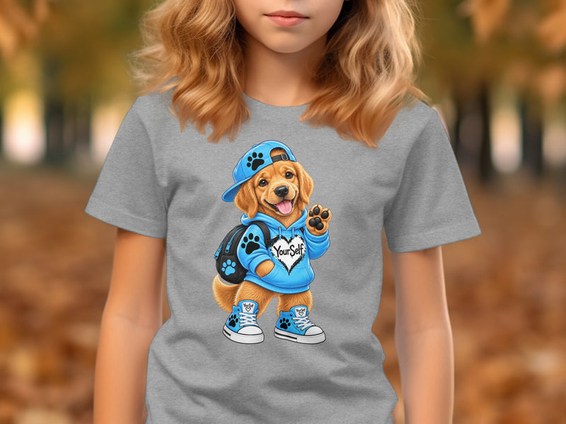 Load image into Gallery viewer, Golden retriever puppy wearing a blue hoodie, cap, backpack, and sneakers with "YourSelf" text.
