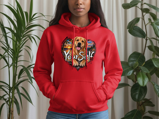 Red hoodie with a heart graphic featuring a golden retriever and the text "Your Self".