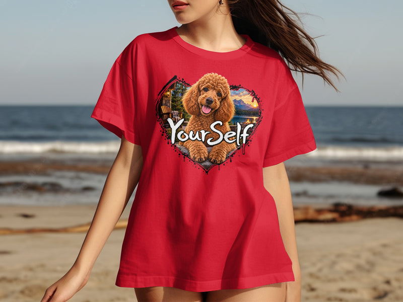 Load image into Gallery viewer, Red t-shirt with poodle in heart graphic that says "Your Self"
