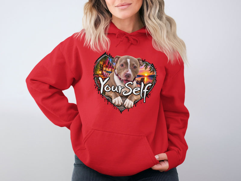 Load image into Gallery viewer, Red hoodie with a heart-shaped graphic of a pitbull and a sunset landscape, with text "Your Self".
