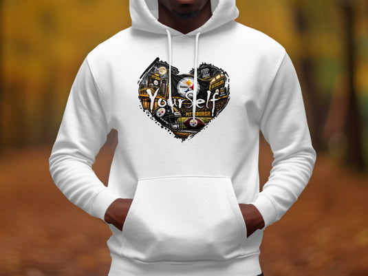 White hoodie with a heart-shaped graphic featuring Pittsburgh Steelers imagery and text.