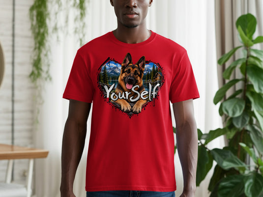 Red t-shirt with German Shepherd graphic inside a heart with text "YourSelf".