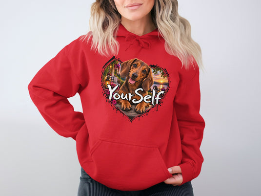 Red hoodie with heart graphic featuring a dachshund and text 