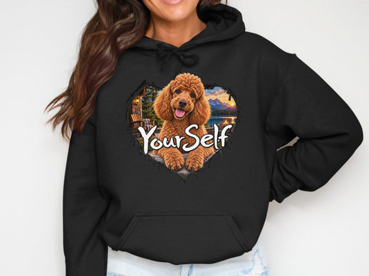 Black hoodie with heart-shaped graphic of a poodle and 