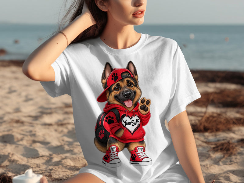 Load image into Gallery viewer, German Shepherd wearing red hoodie with "YourSelf" and paw print, on a white t-shirt.
