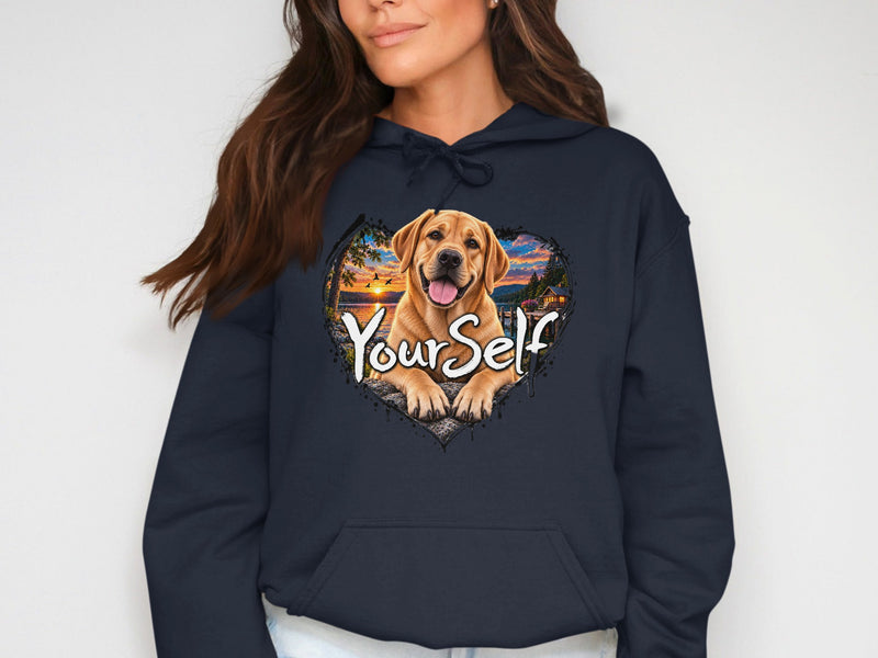 Load image into Gallery viewer, Labrador Retriever within a heart-shaped scenic print with text "Yourself".
