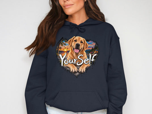 Labrador Retriever within a heart-shaped scenic print with text "Yourself".
