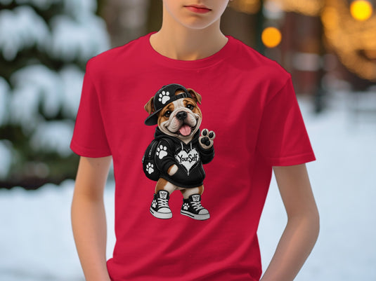 English bulldog wearing hoodie and sneakers with 