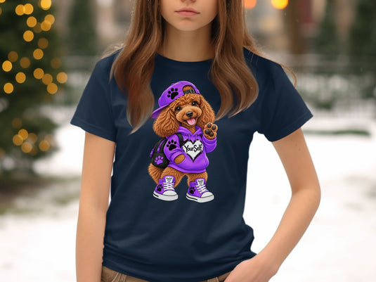 Brown poodle wearing purple hoodie, hat, and sneakers with paw prints.
