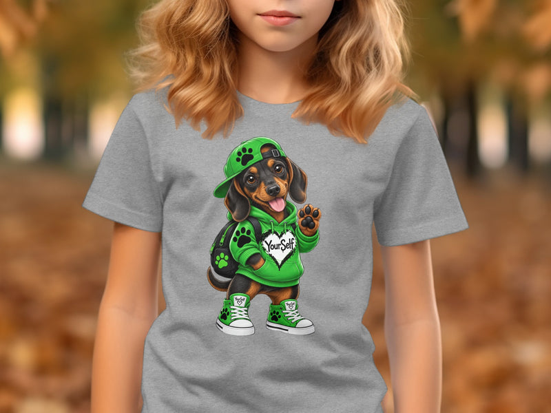 Load image into Gallery viewer, Dachshund dog wearing a green hoodie and sneakers with "YourSelf" text.
