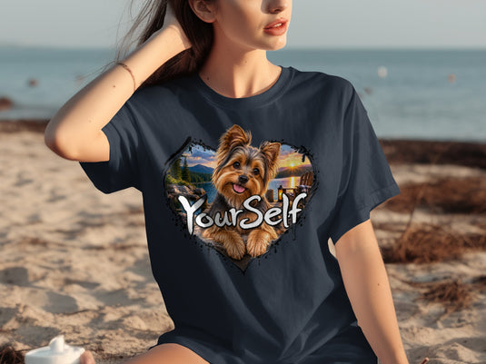 T-shirt with a Yorkshire Terrier in a heart-shaped landscape that says "YourSelf".