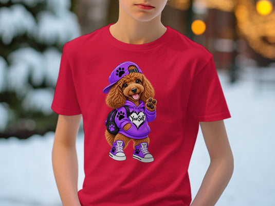 Red t-shirt with cartoon poodle wearing purple hoodie and hat, with 