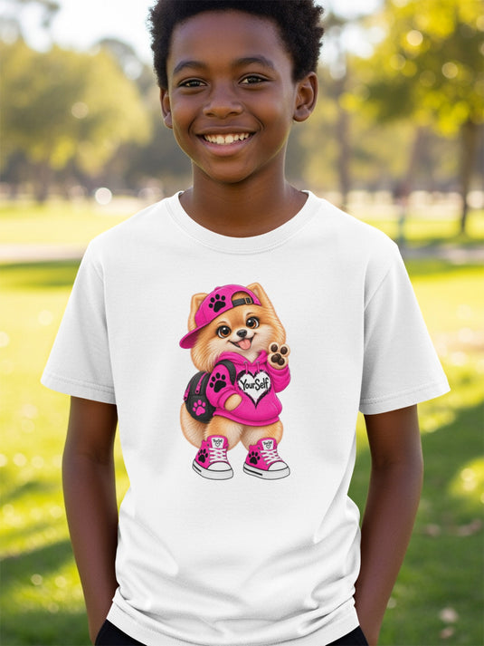 White t-shirt with a graphic of a Pomeranian dog wearing a pink hoodie and cap.
