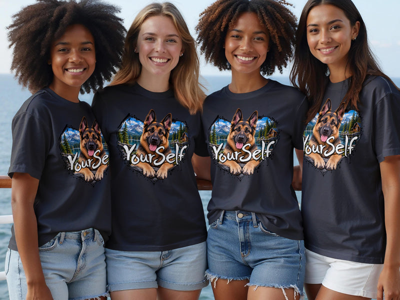 Load image into Gallery viewer, Four women model dark t-shirts with a heart-shaped German Shepherd graphic and "YourSelf" text.
