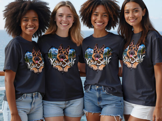 Four women model dark t-shirts with a heart-shaped German Shepherd graphic and "YourSelf" text.