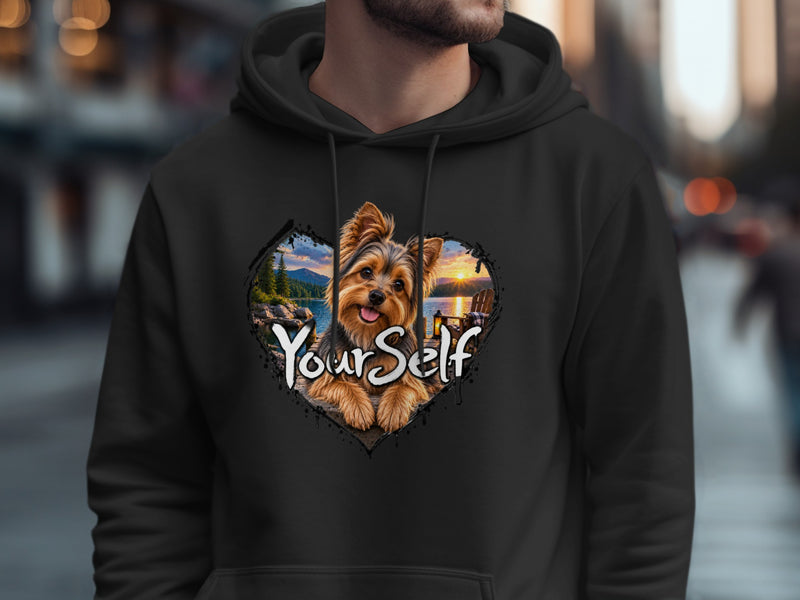 Load image into Gallery viewer, Black hoodie with a heart-shaped graphic featuring a Yorkshire terrier and the text "Your Self".

