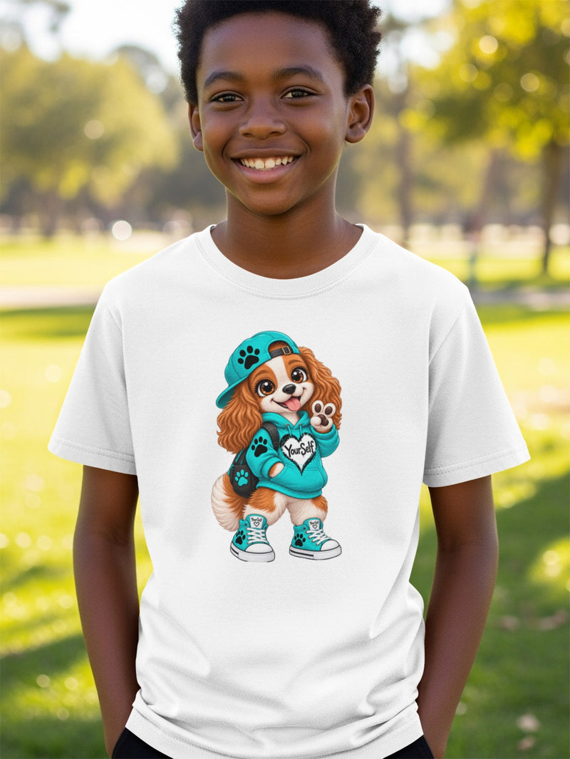 Load image into Gallery viewer, White t-shirt with a cartoon dog wearing a turquoise hoodie and cap.
