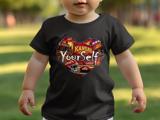Black t-shirt with a heart design featuring Kansas City Chiefs football imagery and text.