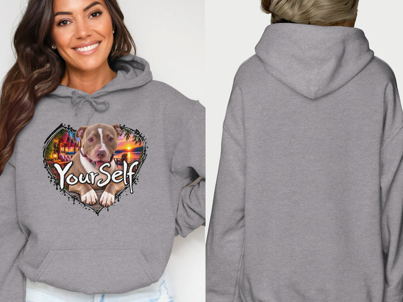 Load image into Gallery viewer, Gray hoodie with a Pitbull dog graphic inside a heart-shaped sunset scene with "Your Self" text.
