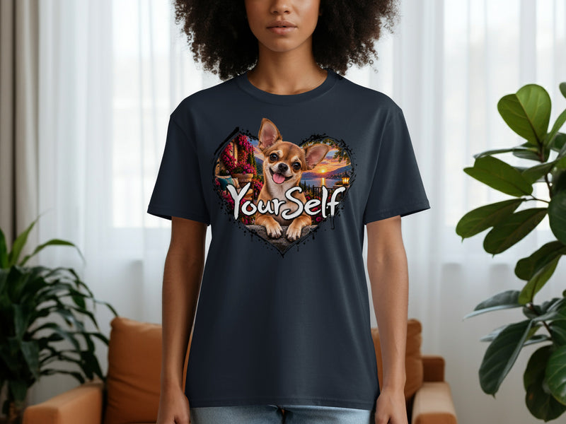 Load image into Gallery viewer, Dark t-shirt with heart graphic of happy chihuahua and text "YourSelf".
