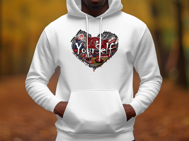 Load image into Gallery viewer, White hoodie with a heart graphic featuring "Your Self" and Buccaneers football imagery.
