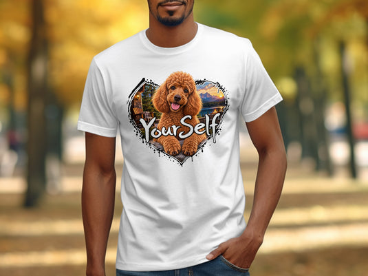 White t-shirt with a heart-shaped graphic of a poodle and mountain scenery with "YourSelf" text.