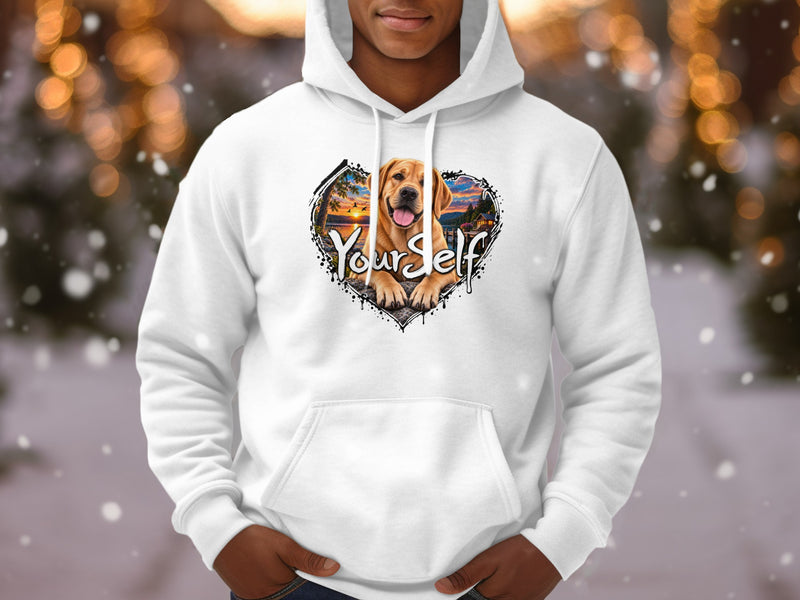 Load image into Gallery viewer, White hoodie with a heart-shaped graphic of a dog and sunset with text "Your Self".
