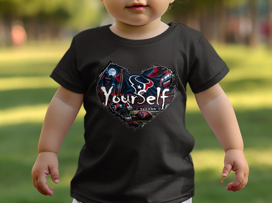 Toddler in black t-shirt with heart graphic featuring Houston Texans football elements and "Yourself" text.