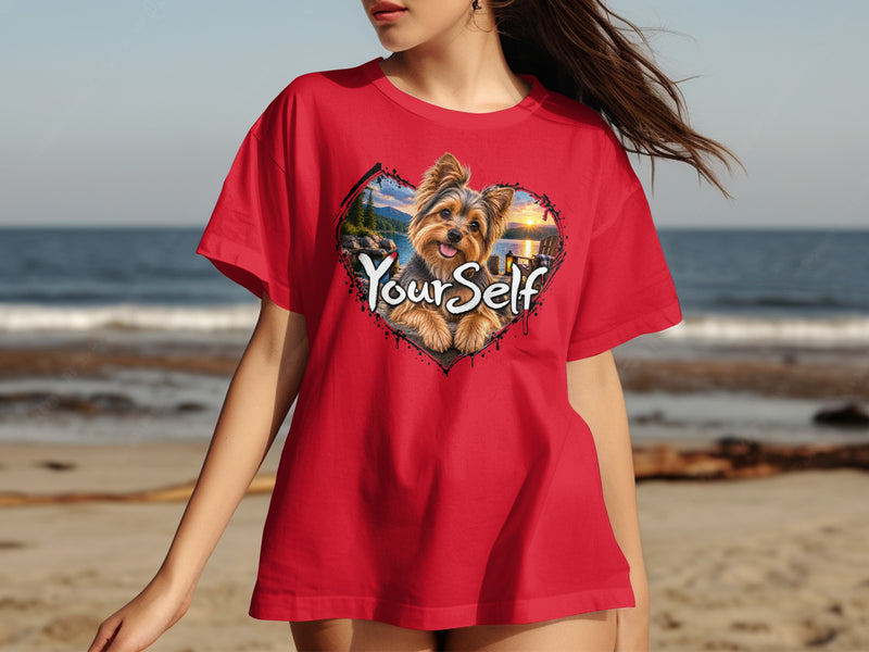 Load image into Gallery viewer, Red t-shirt with heart graphic featuring a Yorkshire terrier and the text "Your Self".
