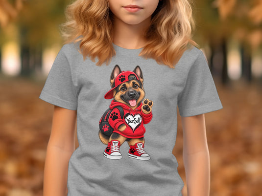 German Shepherd wearing red hoodie, hat, and sneakers with "Your Self" text.