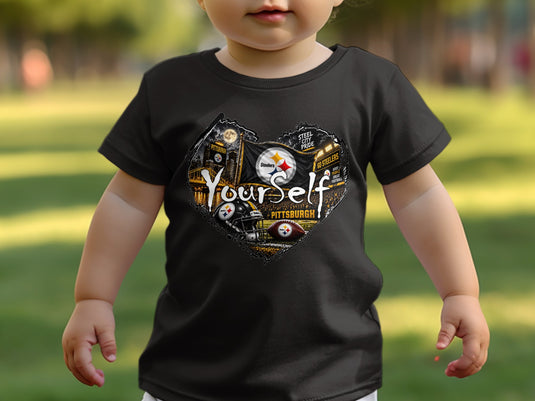 Toddler in black t-shirt with Pittsburgh Steelers heart graphic and text.