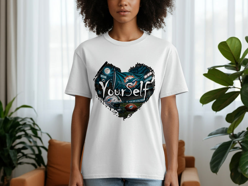 Load image into Gallery viewer, White t-shirt with Miami Dolphins football graphic and the words "Yourself."
