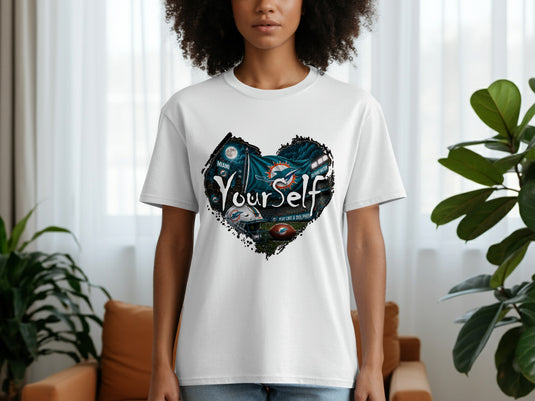 White t-shirt with Miami Dolphins football graphic and the words 