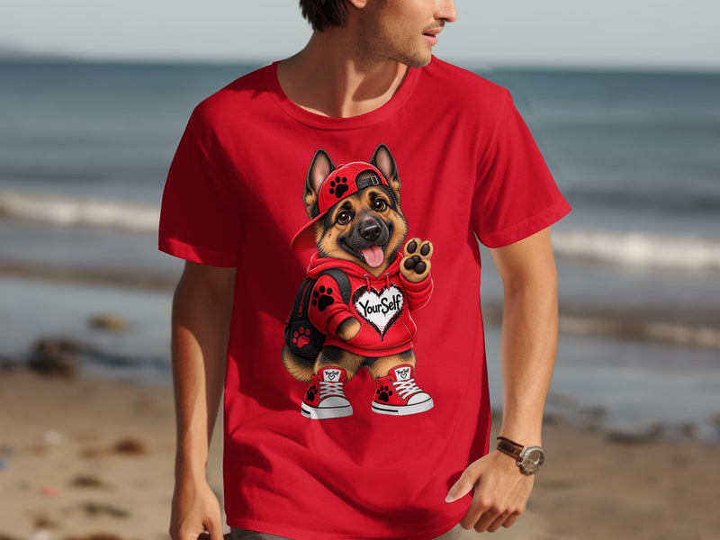 Load image into Gallery viewer, German Shepherd dog in hoodie and sneakers graphic on red t-shirt with "YourSelf" text.
