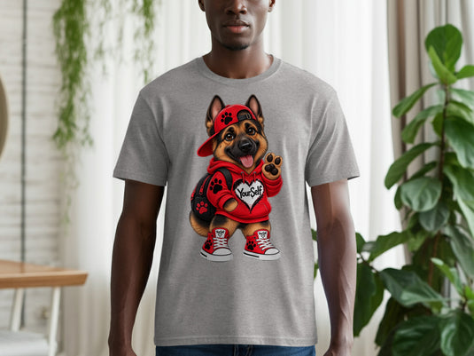 German Shepherd in red hoodie, hat, and sneakers with "YourSelf" on shirt.