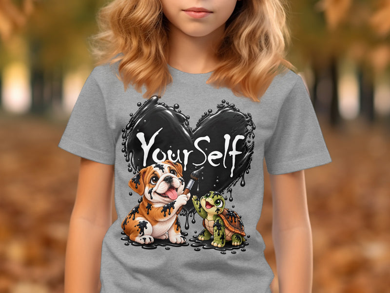 Load image into Gallery viewer, Bulldog and turtle painting "Yourself" on a black heart with black paint.
