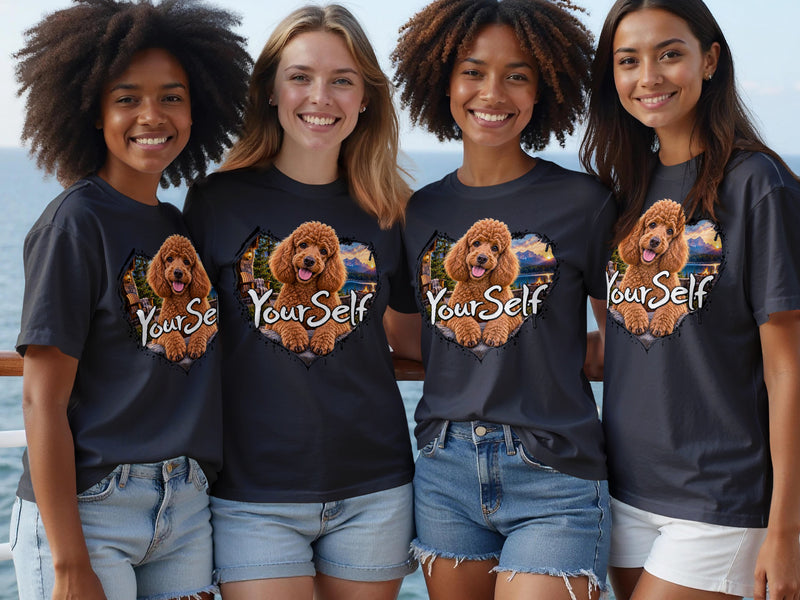 Load image into Gallery viewer, Four women model dark t-shirts with a heart-shaped graphic of a poodle and the text "Your Self".
