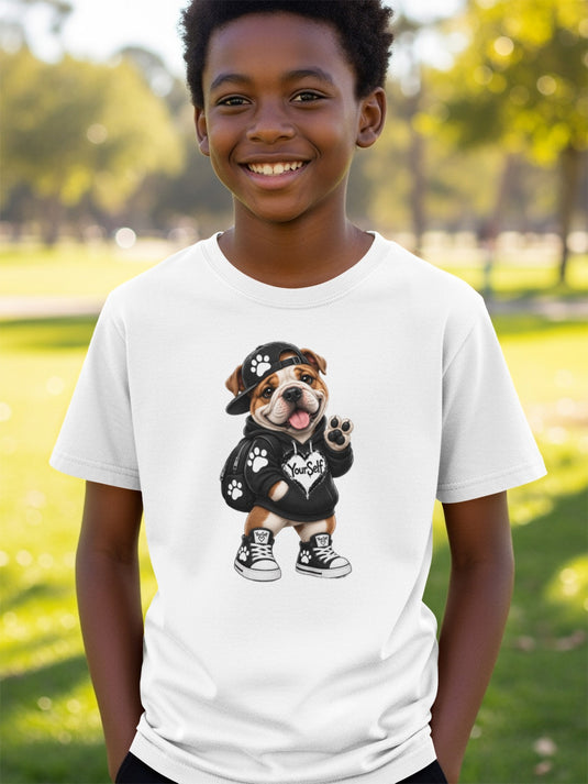 White t-shirt with cartoon bulldog wearing a hoodie and hat, "YourSelf" on hoodie.