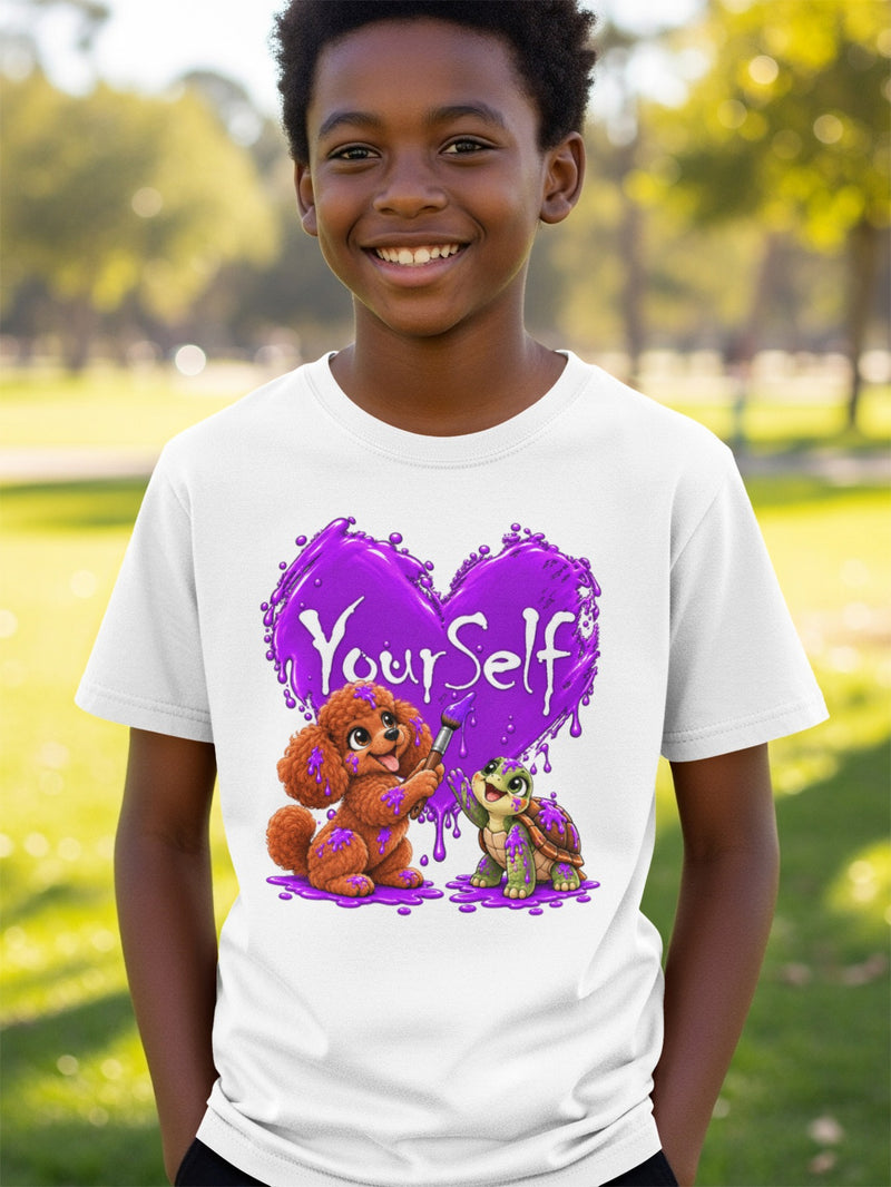 Load image into Gallery viewer, White t-shirt with a cartoon poodle and turtle painting a purple heart that says "YourSelf."
