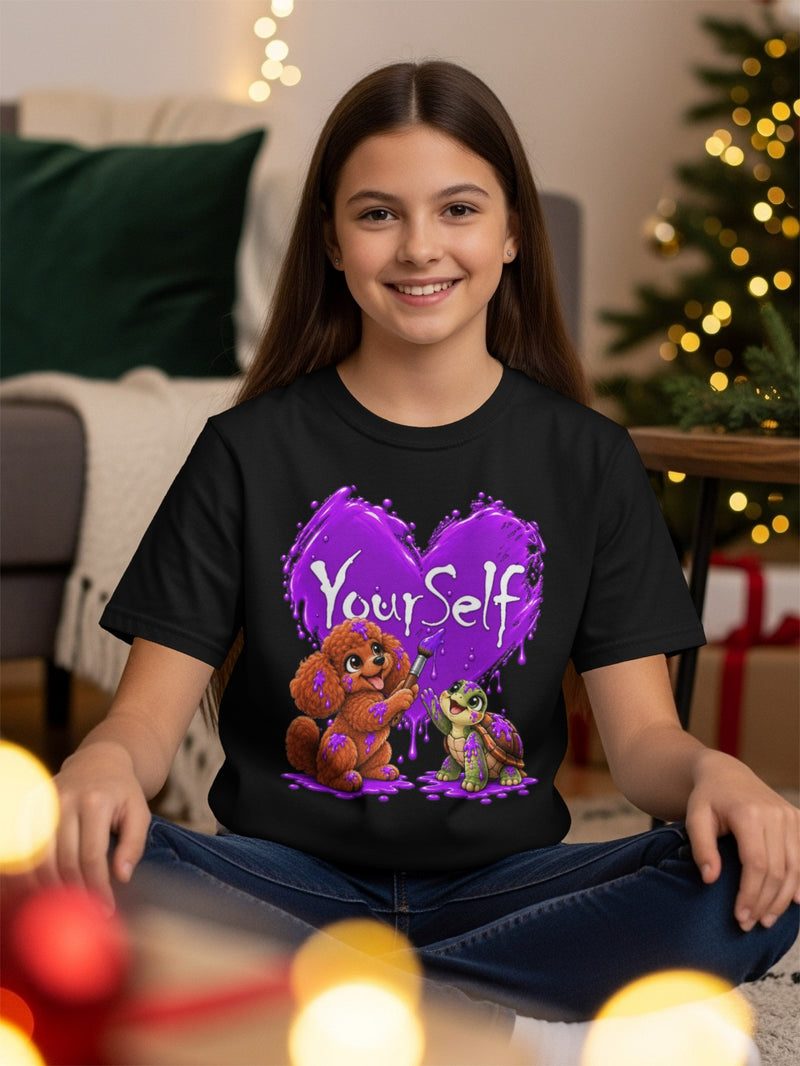 Load image into Gallery viewer, Black t-shirt with a purple heart graphic and text "Your Self" featuring a dog and turtle.
