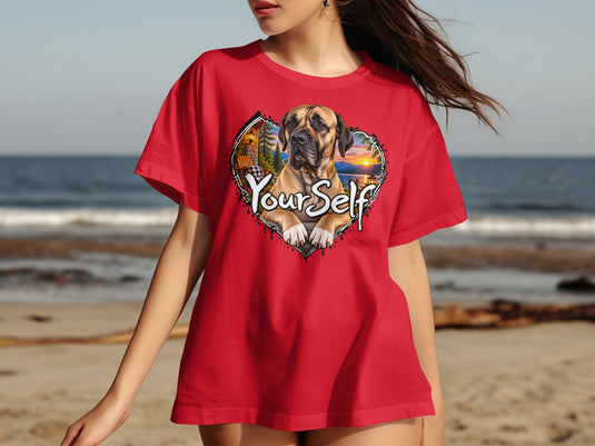Mastiff dog portrait in heart with text "Your Self" on a red t-shirt.
