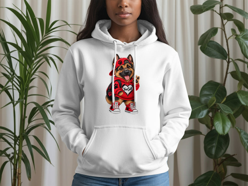 Load image into Gallery viewer, White hoodie featuring a German Shepherd dog graphic wearing a red hat and "YourSelf" shirt.
