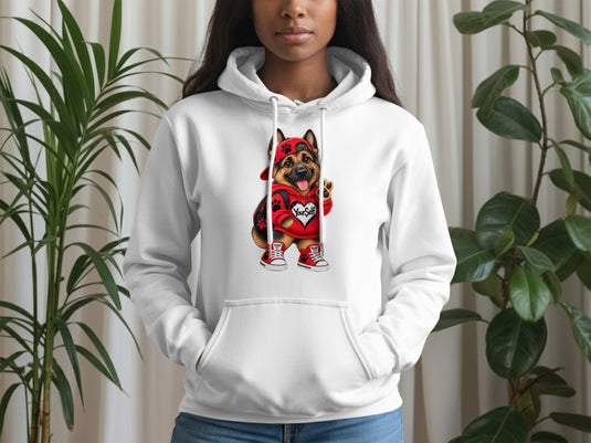 White hoodie featuring a German Shepherd dog graphic wearing a red hat and "YourSelf" shirt.