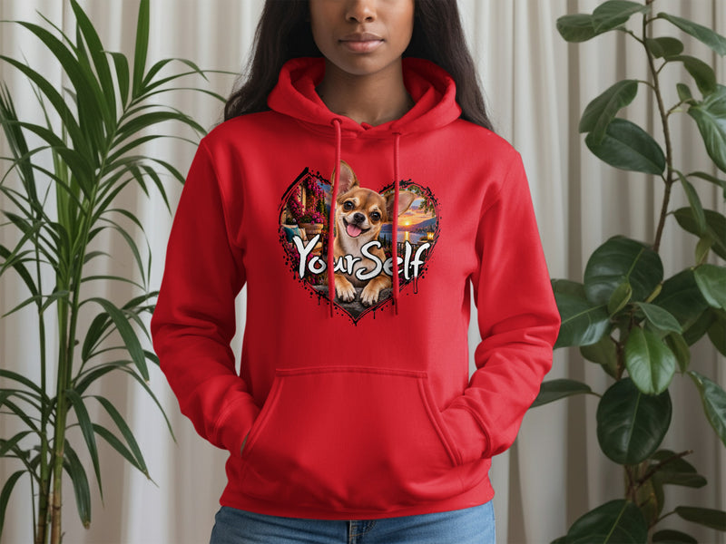 Load image into Gallery viewer, Red hoodie with a heart-shaped graphic featuring a chihuahua and the text "YourSelf".

