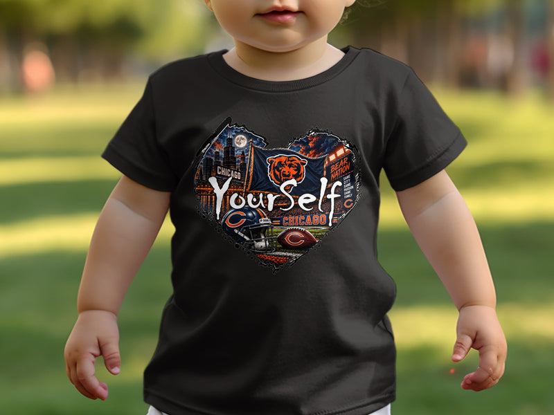Load image into Gallery viewer, Chicago Bears themed heart graphic with "YourSelf" text on a black t-shirt.
