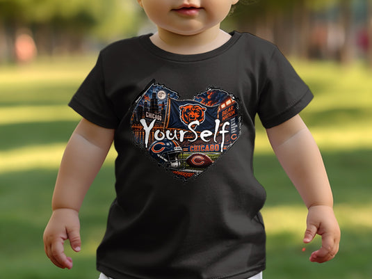 Chicago Bears themed heart graphic with "YourSelf" text on a black t-shirt.